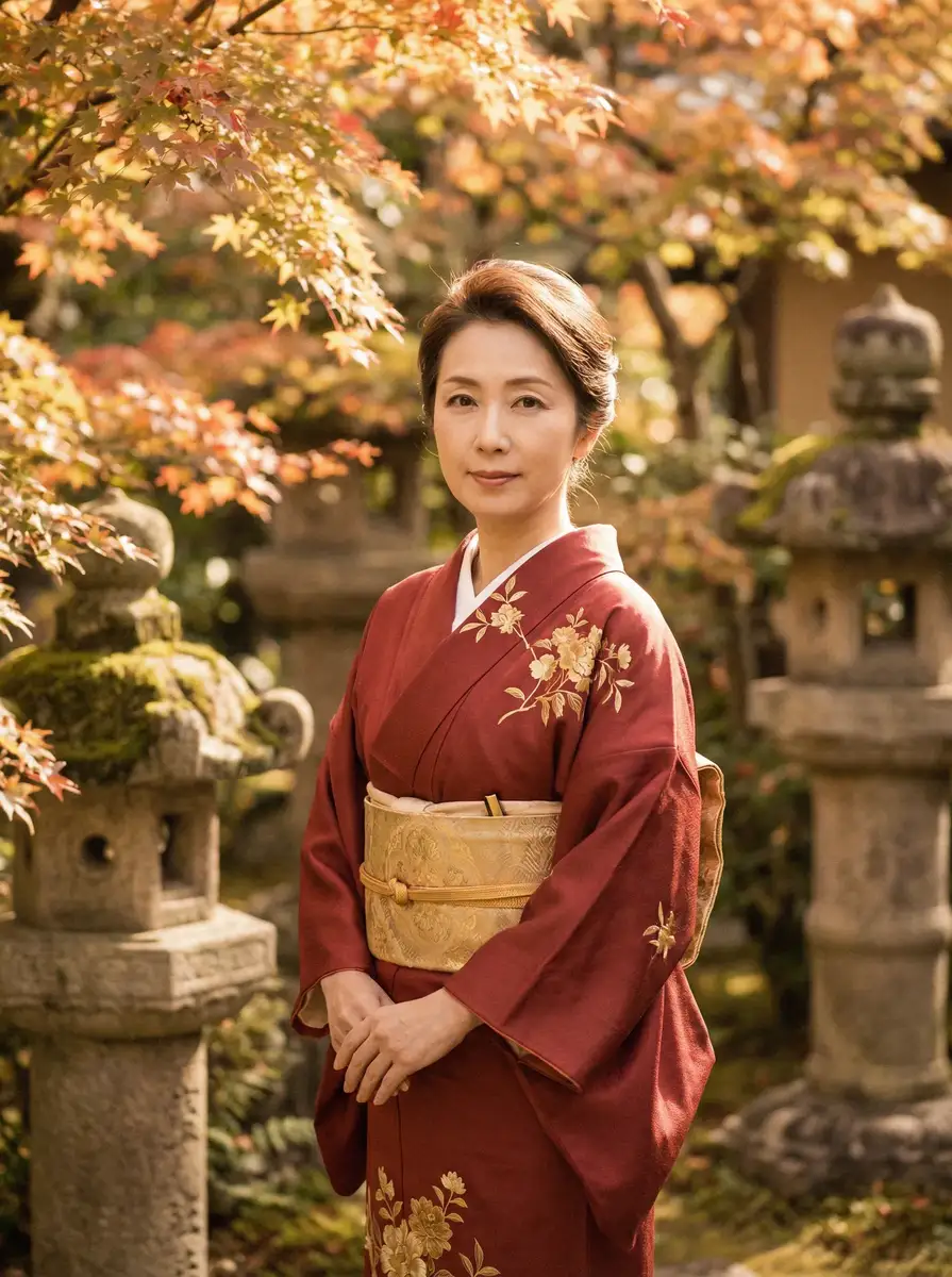 一位身穿暗红色和服的优雅 吴君如喜剧片 在日式庭院中