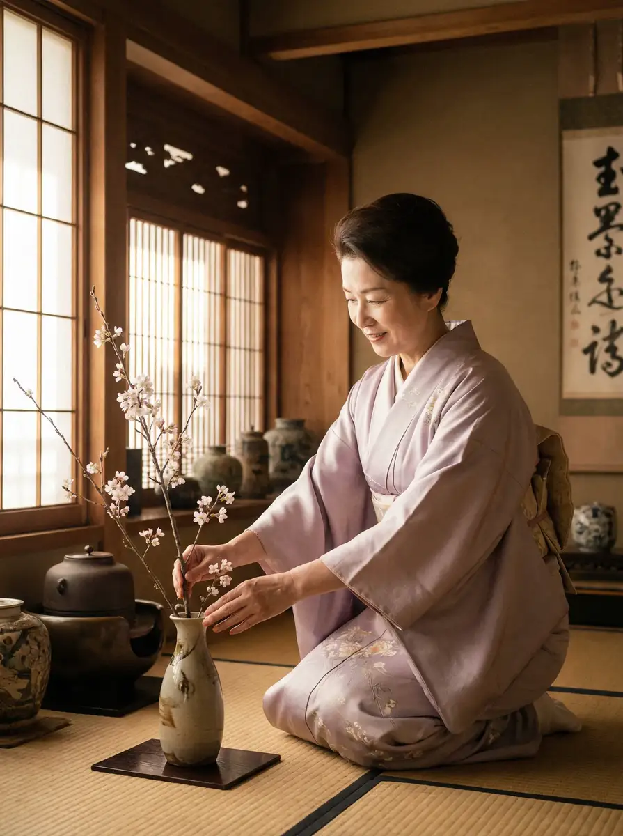 一位优雅的 吴君如喜剧片 在和室中插花
